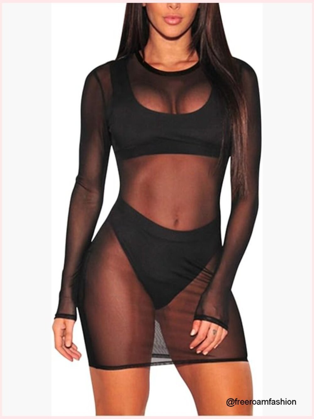 Sheer Mesh Long Sleeve Cover Up Dress, Swimwear Bikini Beachwear